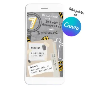 Digitale Einladung zum Detektiv-Kindergeburtstag mit Detektiv-Motiv