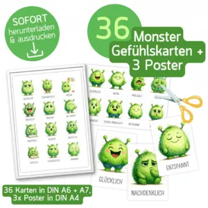 Gefühlskarten für Kinder mit 36 Monster-Gefühlen und drei Postern zum Ausdrucken