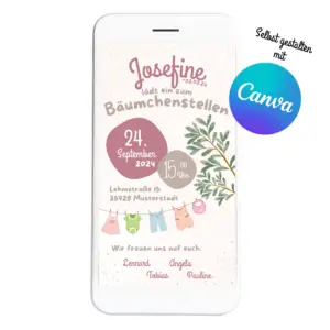 Digitale Einladung zum Bäumchenstellen mit rosa Bäumchen-Motiv