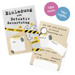 Einladung zum Detektiv-Kindergeburtstag zum Selbstausdrucken mit Detektiv-Motiv