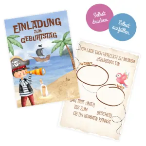 Einladung zum Piraten-Kindergeburtstag zum Selbstausdrucken mit Piraten-Motiv