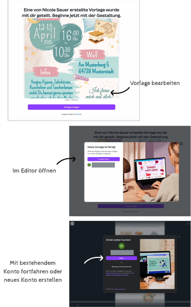 Screenshots um die digitalen Einladungen selbst anzupassen