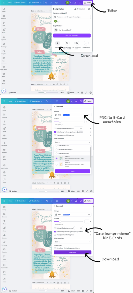 Screenshots aus Canva um die digitalen Einladungen selbst anzupassen