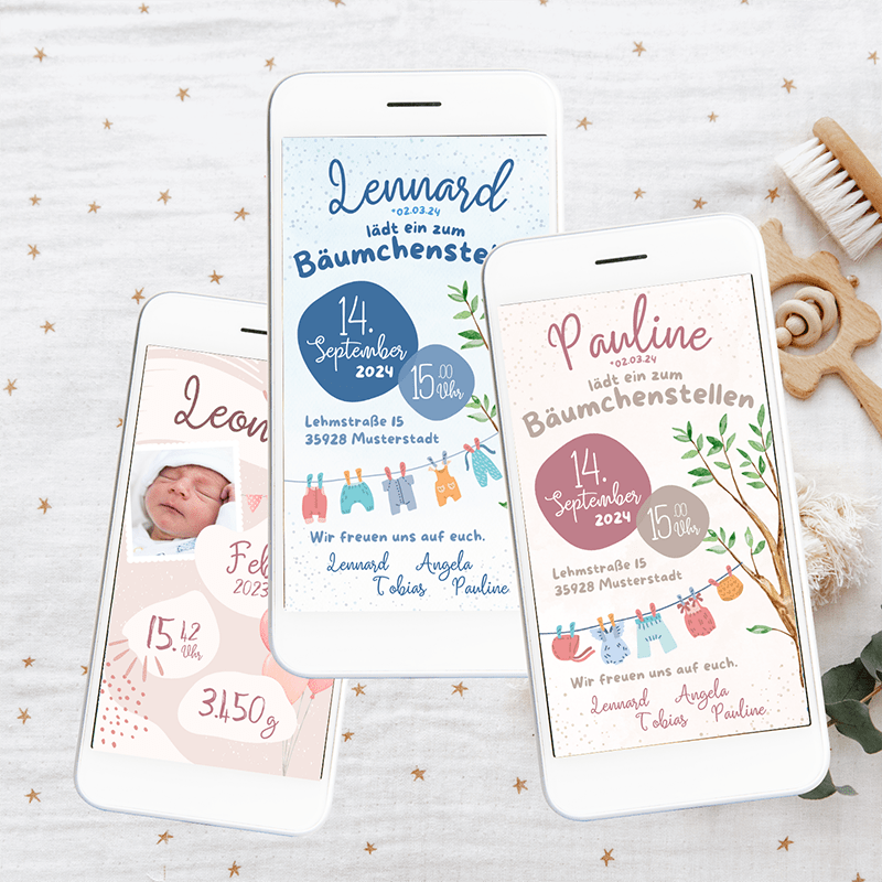 E-Cards zur Geburtsanzeige und zum Bäumchenstellen rosa und blau