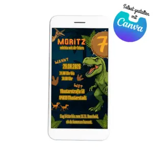Digitale Einladung zum Dino-Kindergeburtstag als personalisierbare Canva-Vorlage