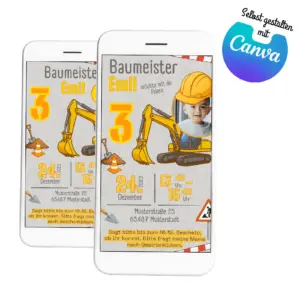 Digitale Einladung zum Baustellen-Kindergeburtstag oder Baumerister Kleinkindgeburtstag mit Bagger-Motiv