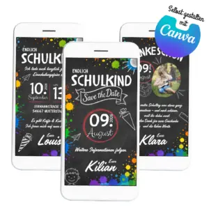 Digitale Einladung zur Einschulung für Schulkinder in schwarz als Canva-Vorlage