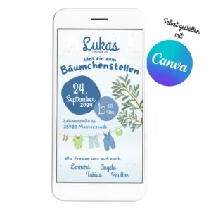 Digitale Einladung zum Bäumchenstellen für Jungen als Canva-Vorlage
