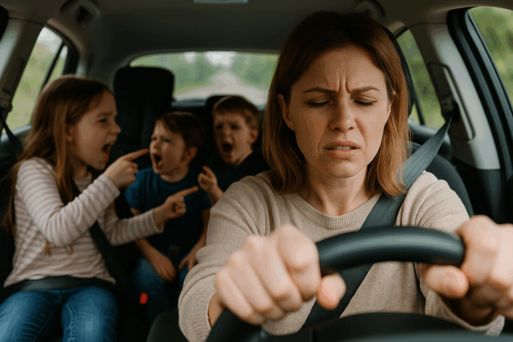 Gestresste Mutter im Auto. Rückbank mit schreienden Kindern