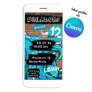 Digitale Einladung zum Graffiti-Kindergeburtstag oder Teenagergeburtstag als Canva-Vorlage