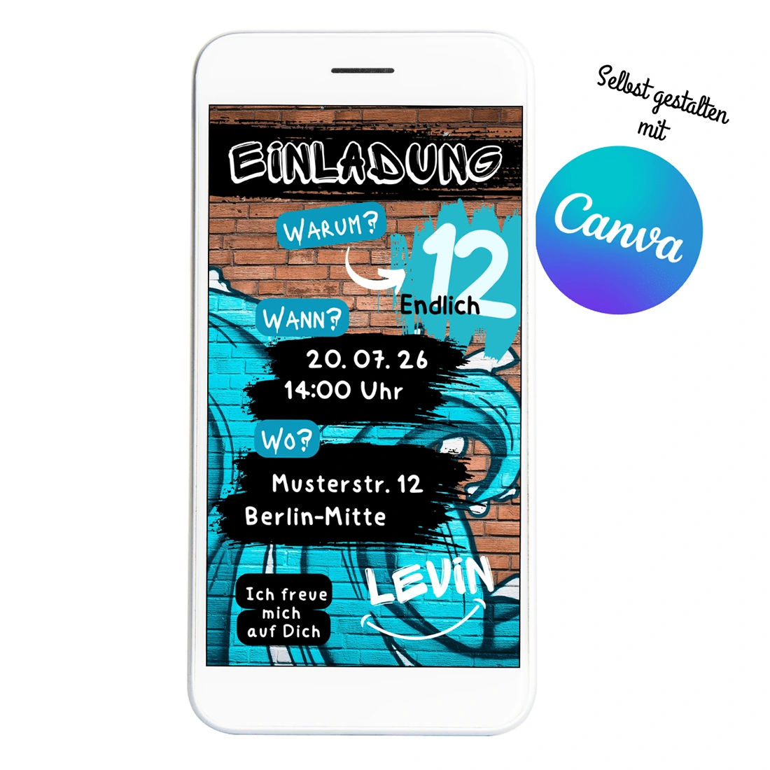 Digitale Einladung zum Graffiti-Kindergeburtstag oder Teenagergeburtstag als Canva-Vorlage