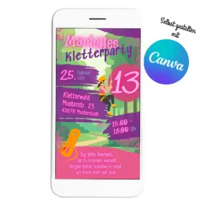 Digitale Einladung zum Kletterwald-Kindergeburtstag für Mädchen als Canva-Vorlage