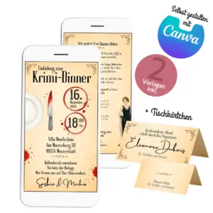 Digitale Einladung zum Krimidinner mit Tischkarten als personalisierbare Canva-Vorlage