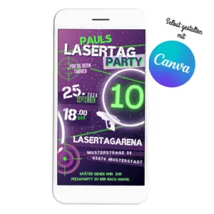 Digitale Einladung zum Lasertag-Kindergeburtstag als Canva-Vorlage