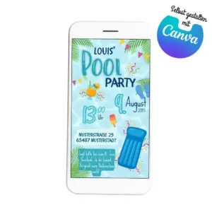 Digitale Einladung zur Poolparty für Kinder als personalisierbare Canva-Vorlage
