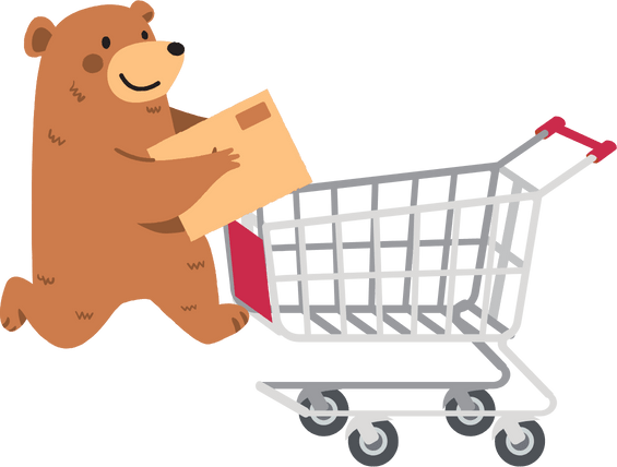 Bär der ein Paket in den Einkaufswagen packt