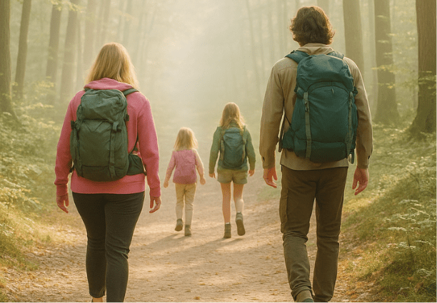 Wanderung mit der Familie im Wald mit Rucksäcken