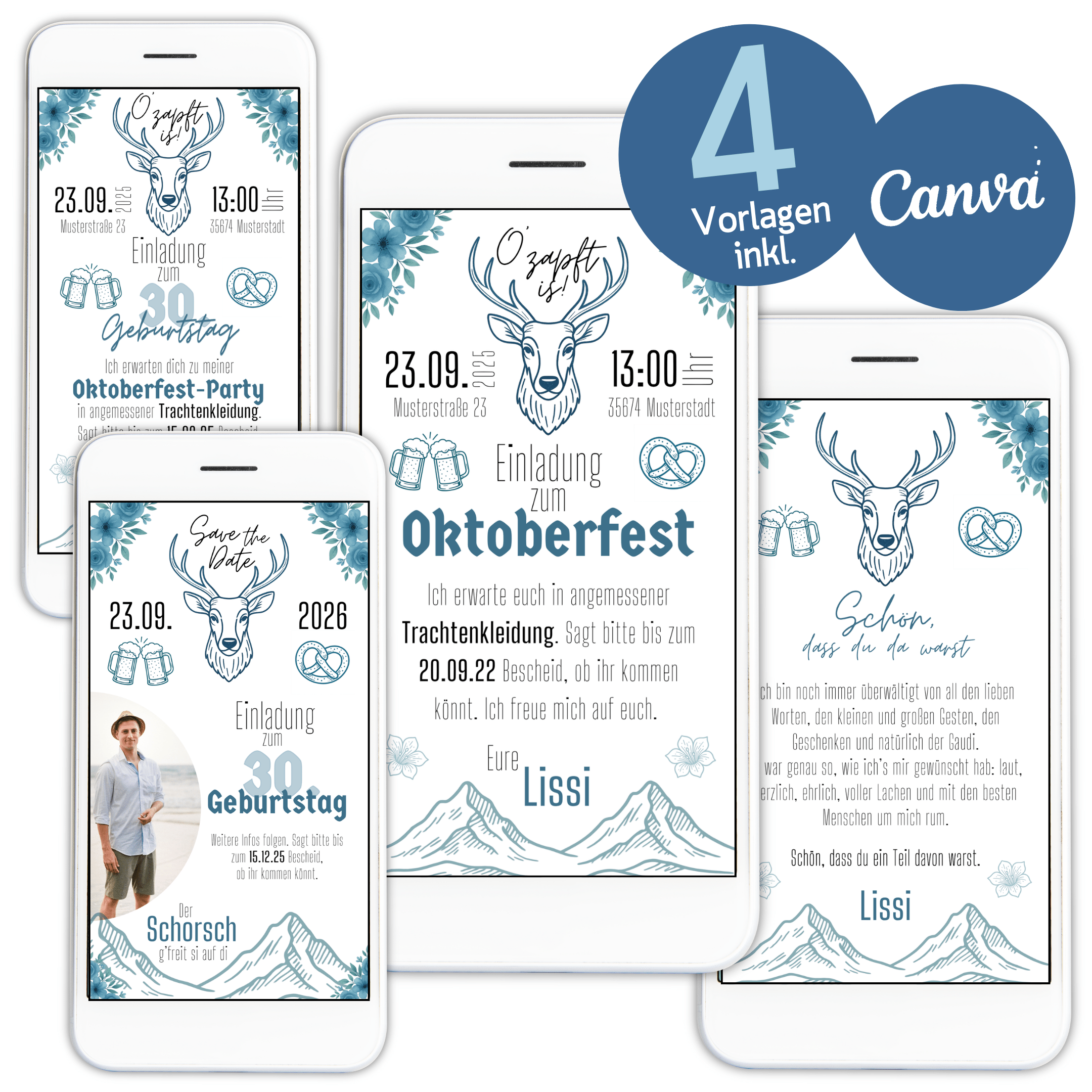 E-Card Ansichten von 4 Vorlagen für das Oktoberfest oder einen Oktoberfest-Geburtstag mit Hirsch und Brezn in blau