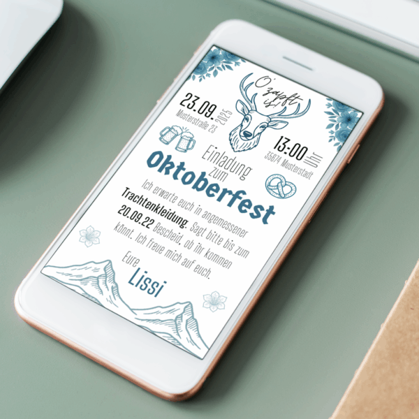 Digitale Einladung zum Oktoberfest mit Hirsch und Bier und Brezel