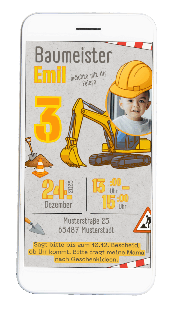 Digitale Baustellen Einladung für Kleinkinder mit Bagger