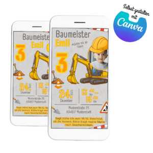 Einladung Baustelle für den Kindergeburtstag als Canva-Vorlage. Bagger,Erdahufen, Bauhelm.