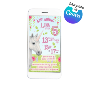 Einhorn Einladung mit Rosen und grünen Blättern