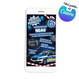 Einladung zum Polizeigeburtstag mit Polizeiauto, Handschellen, Absperrband und Polizeiweste