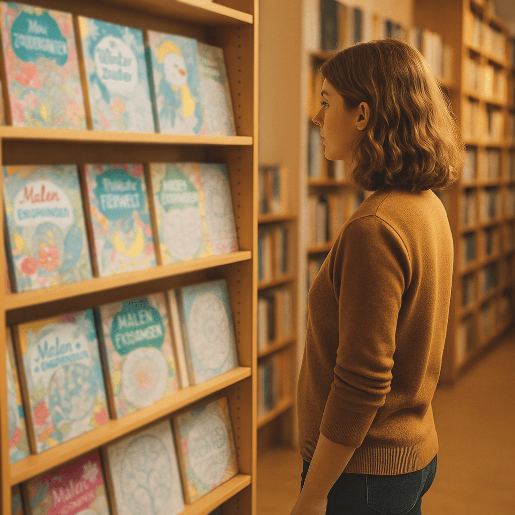 Frau im Buchladen vor Malbüchern