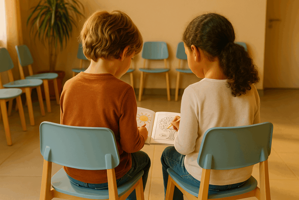 Kinder sitzen im Wartezimmer und malen in einem Malbuch