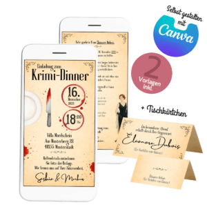 Canva-Vorlagen für ein Krimi-Dinner mit Tischkartenim Vintage-Stil