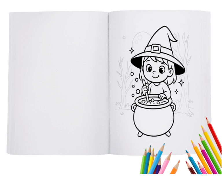 kleine Hexe vor einem Kessel zum ausmalen in Kindermalbuch