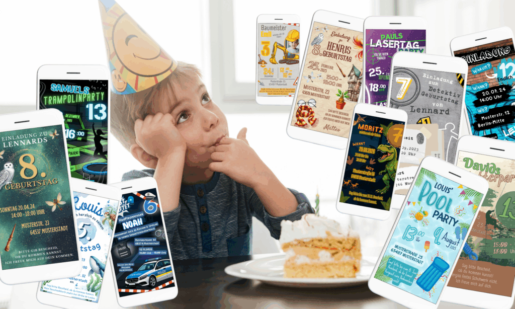 Junge mit Geburtstagshut überlegt, welches Motto er zum Geburtstag nehmen soll. Um ihn herum sind verschiedene Mottos dafür