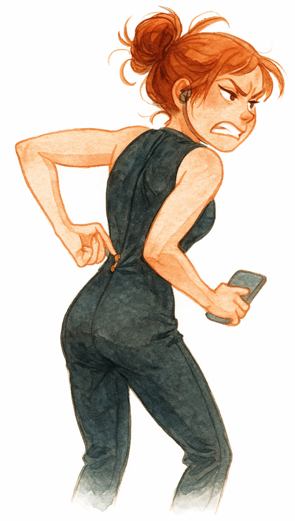 Frau die sich über den klemmenden Reißverschluss ihres Einteilers ärgert