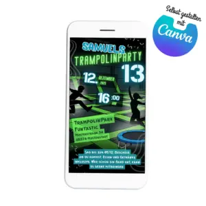 Bearbeitbare Trampolin Einladung für Kinder und Teenager als Canva Vorlage zum Sofort-Download.