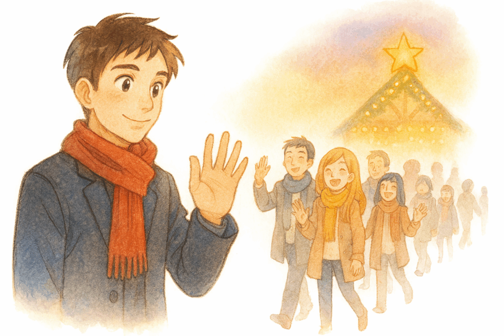 Stern auf Hausspitze Weihnachtsmarkt und laufende Menschen