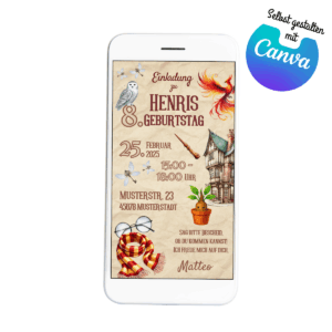 Digitale Zauberer Einladung mit Schneeeule, Phönix, Zauberstab, Brille und Alraune