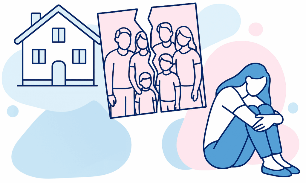 Zerrissenes Familienfoto, ein Haus und eine depressive Person