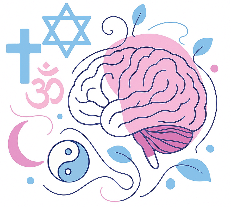 Gehirn mit abstrakten religiösen symbolen. Yin und Yang, Kreuz und Mond