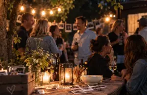 Freunde bei einem stimmungsvollen Klassentreffen im Garten