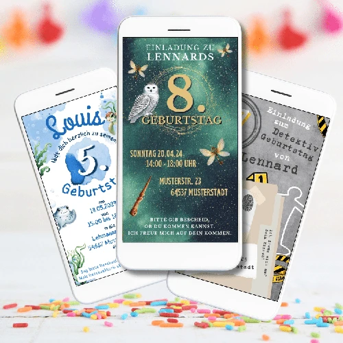 Digitale Einladungen zum Kindergeburtstag mit verschiedenen Motto-Motiven wie Detektiv-Party, Magier-Party, Unterwasser-Geburtstag