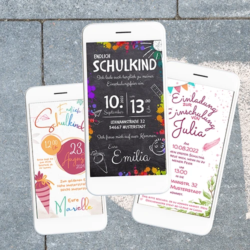 Digitale Einladungen zur Einschulung mit verschiedenen Motiven für Schulkinder und Erstklässler