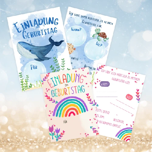 Einladungen zum Kindergeburtstag zum Selbstausdrucken mit Wal-, Schildkröten- und Regenbogenmotiv