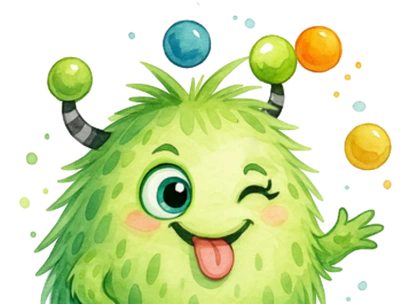 Kleines Monster jongliert albern Bälle.